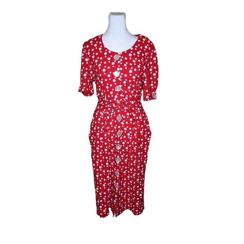 Vintage 80s Shirt Dress Polka Dot Womens Size S Red White Pockets Minnie USA